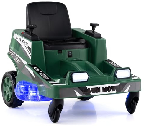 GOPLUS Tracteur Tondeuse Electrique Enfants, Voiture Électrique Enfant 1 Place 12V avec Rotation à 360° Lumières LED, Panier Éclairé pour Garçons Filles 3-8 Ans, 2,8 km/h, Charge 35 KG (Vert)