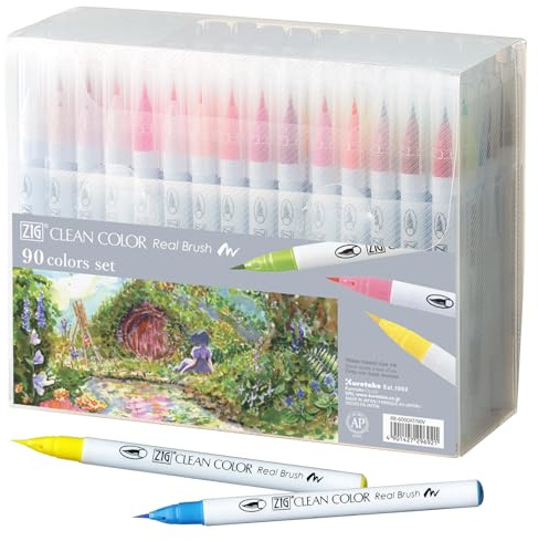 Kuretake Kuretake Zig Clean Color Real Brush 90-Farben-Set, AP-zertifiziert, flexible Pinselspitze, professionelle Qualität, geruchlos, Xylol-frei, einfach zu erstellende schmale und breite Linien, he