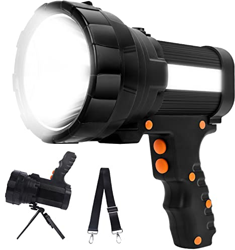 Cybbo Powerful Spotlight - Super Bright 6000 Lumen Rechargeable Flashlight with 3 Light Modes, Long Battery Life, Waterproof, Durable ABS & Aluminum Alloy Construction, Adjustable Tripod & Strap