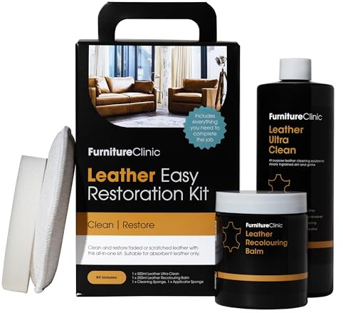 Furniture Clinic Kit de restauración de cuero fácil (rojo) | Incluye bálsamo para recolorear, ultra limpio, esponja y paño para muebles, asientos de coche, zapatos y bolsas