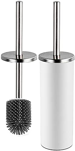 Bingobang Toilet Brush and Holder,Stainless Steel Lid Handle,Silicone Deep Cleaner Toilet Brushes with Quick Drying Holder Set for Bathroom Toilet(White)