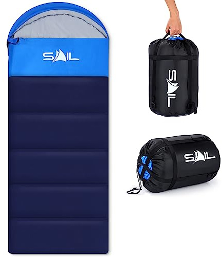 SAIL 3 Season Sleeping Bag for Kids & Adults - Extra Wide, 250GSM Lightweight & Waterproof - Large XL Sleeping Bag for Camping, Indoor & Outdoor, Hiking & Backpacking - Blue