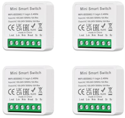 JIMEIDA Confezione da 4 interruttori della luce intelligenti Mini moduli fai da te, Smart Life compatibili con app Tuya, Alexa e Google Home, conduttore neutro richiesto