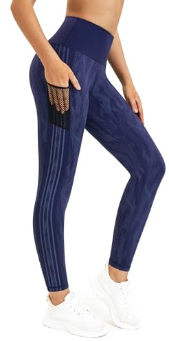 Flatik Legging de sport pour femme avec poches, leggings opaques, pantalon de fitness, pantalon de sport, leggings de course, Imprimé/bleu profond, XL