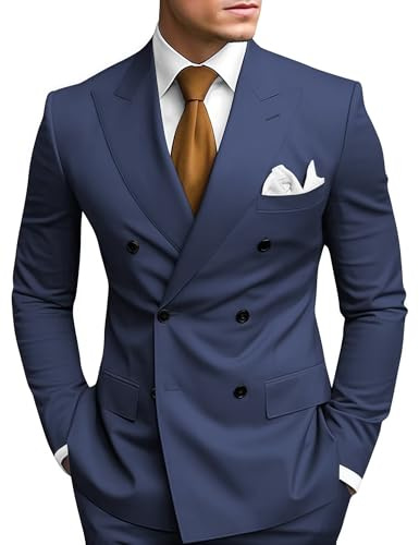 HANBANGWEI Mens Suits 2 Piece Double Breasted Tuxedo Suit Navy Blue Suits for Men Slim Fit Wedding Party Dress Formal Business Suit Homecoming Tuxedo, XL