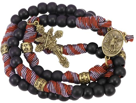 Nazareth Store Bronzo antico San Benedetto Rosario Paracord Nero opaco Perline robuste Rosario Collana con filo forte con croce INRI (Rote ParacordBronze St.Michael)
