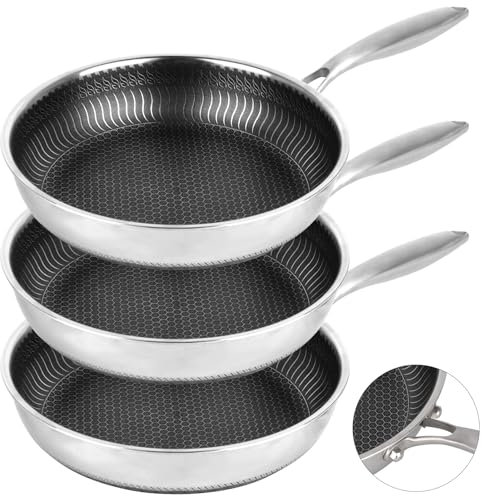W&H Set di 3 padelle da 28 cm, con struttura a nido d'ape, rivestimento antiaderente, manico rimovibile, padella in acciaio inox per tutti i piani cottura