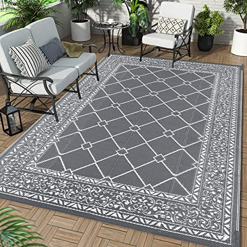Enyhom Outdoor Rugs for Garden Waterproof, 270 x 360 cm Reversible Plastic Patio Foldable Mat, Portable Easy Cleaning Carpet Rug, Heavy Duty Picnic Area Straw Rug for Camping Beach Deck or Living Room