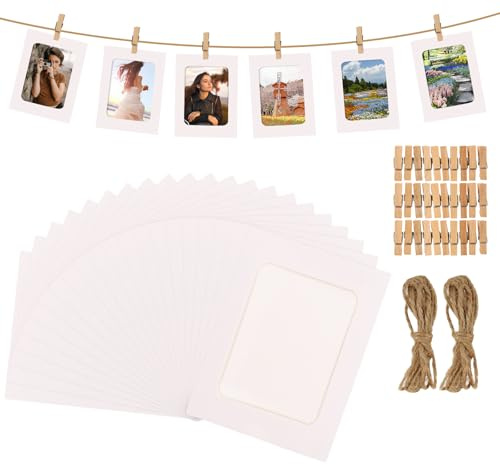 AHAQU 60 Pack 6x4 Inches Paper Photo Frame, Picture Frames Hanging Photo Frames With Mini Wooden Clips & Hemp Ropes, Cardboard Picture Frame for Home Dorm Office Wall Decor- White