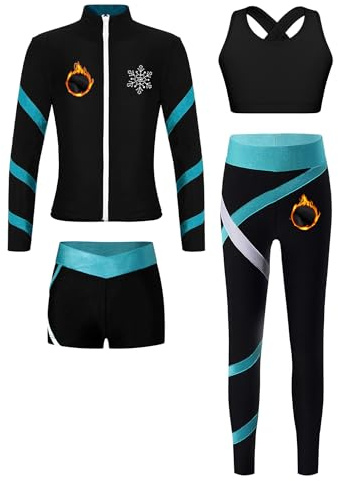iiniim 4tlg.Mädchen Trainingsanzug Winter Sportanzug Fleece Eiskunstlauf Anzug Warm Winter Jogginganzug Yoga Gym Tanzen Eislaufen Sport Set Schwarz&Blau Grün 146-152
