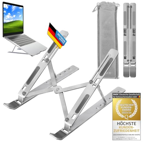 GOODS+GADGETS® Laptopstativ Hopfällbart Aluminium - Höjdjusterbart | Ergonomiskt bärbart laptopstativ för hemmakontor, kontor & resor – inkl. förvaringspåse