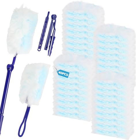 Auauraintt 40 Pièces Plumeau Poussiere Recharge Kit, Recharges de Plumeau avec 2 Poignée, Duster Recharges Dépoussiérantes pour Nettoyer La Poussière La Saleté