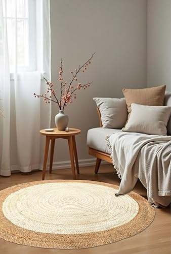 The Home Talk Jute Braided Round Rug - Natural Fiber Rug Rustic Farmhouse Vintage Braided Handwoven Indoor Carpet for Entryway/Kitchen/Frontdoor (White, 90 cm Dia)