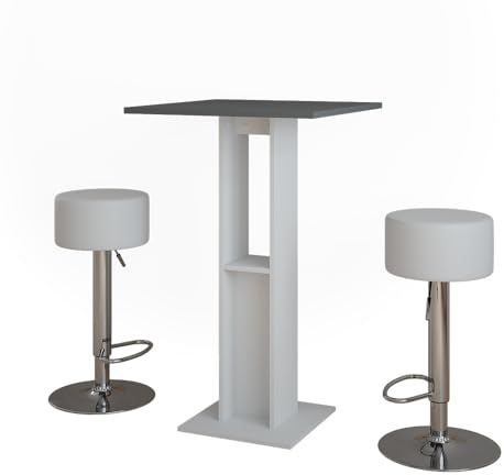 Vicco Set di tavoli da bar Repose, Bianco/antracite, 65 x 65 cm con 2 sgabelli da bar, con ripiano laterale per la conservazione di bottiglie e bicchieri