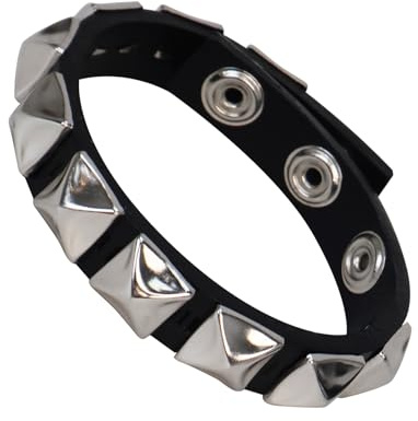 SCOPLATY Genuine Leather Bracelet Cuff with Spikes studded Rivets - Adjustable Metal Wristband for Men Women, 80s Goth Rock Accessories (silver, 1pc single row)