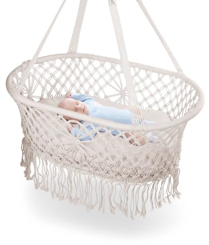 Sinbide Cuna Colgante para Bebés y Niños Pequeños, Hamaca de Mimbre Estilo Bohemio con Flecos, Desde el Nacimiento hasta 3 Años, Incluye Colchón y Kit de Instalación