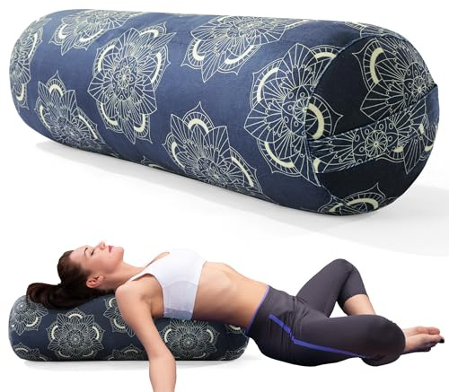 MABOZOO Round Yoga Pillow, Cylindrical Yoga Bolster Pillow with Washable Cover, Meditation Cushion Body Cushion for Practice, Restorative, Meditation (Blue print)