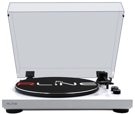 RLINE - Giradischi Vinili Bluetooth Bianco Lucido, Lettore Vinili 33 e 45 Giri, Piatto 12 con Bordo Cromato, Piedini Antivibrazione, Cartuccia Magnetica AT3600, Pre-amplificatore Attivabile