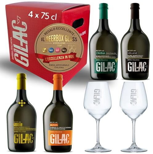 BEERBOX GLASS TOP Birra artigianale 4 bottiglie da 75cl e 2 bicchieri, birre artigianali confezione regalo, Birra artigianale Italiana nonf iltrata e non pastorizzata