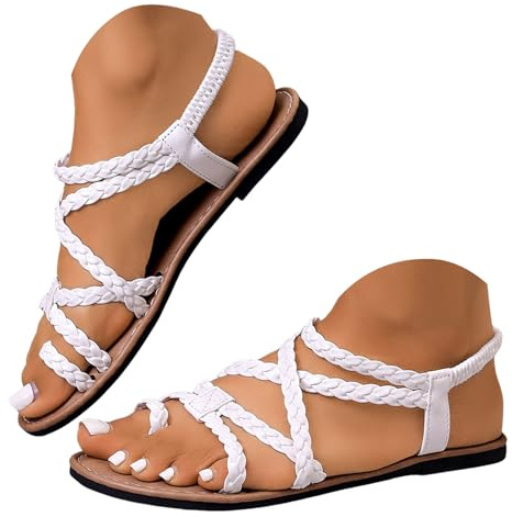 Strandsandaler med öppen tå platt gladiatorsandal bekväma sommarsandaler för strand semester promenader resor lädertofflor ortopedisk fotvalvstöd utomhus flip-flops skor, Vit 1, 40 EU