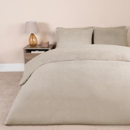 Brentfords Beige Teddy Fleece Duvet Set King Size, Christmas Thermal Bedding Warm Winter Bed Set Ultra Soft Comfy King Size Duvet Cover Sets with Pillowcases