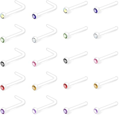 Crdifu 20pcs Piercing Nariz Perno Stud Conjunto UV Biofilex Retenedores Forma L Espiral Recto 0.8mm Cristal Barra