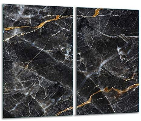 QTA | Herdabdeckplatten 2x30x52 cm Ceranfeld 2-Teilig Universal Elektroherd Induktion für Kochplatten Herdschutz Deko Schneidebrett Sicherheitsglas Spritzschutz Glas Schwarz Marmor