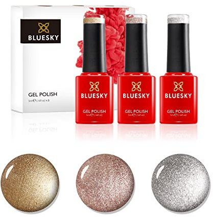 Bluesky Gel Nail Polish Set, Metallics, Silver Glitter A018, Locket Love 80582, Chiffon Twirl 80589, 3 x 5 ml, Gold, Silver (Requires Curing Under UV or LED Lamp)