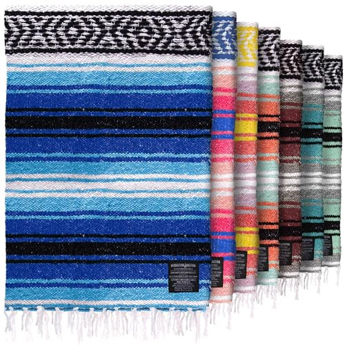 Authentic Extra Large Mexican Blanket (70x50) - Handwoven Yoga Blanket, Serape Blanket - Artisanal Falsa Blanket, Beach Blanket, Camping Blanket, Picnic Blanket, Outdoor Blanket (King Turquoise)