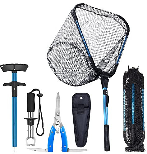 Bombrooster Kayak Landing Net, Foldable Landing Net Fishing Tool Kit 4PCS with Pliers Fish Gripper Hook Remover, Freshwater Saltwater