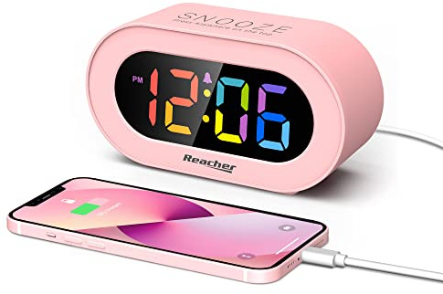 REACHER Pink Girls Alarm Clock, Dimmable Colorful LED Digital Display, USB Phone Charger Port, Simple Operation for Kids, Adults, Adjustable Volume, Snooze, Small Size for Bedrooms, Bedside, Desk
