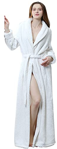 Bata de baño para mujer, bata de baño de felpa suave y mullida, bonita bata larga, blanco, XL