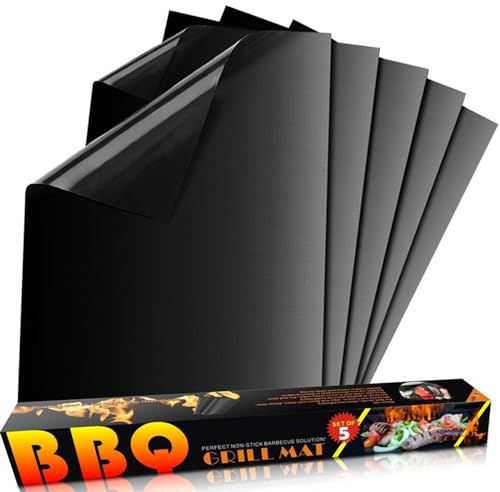 Marstey Dauerbackfolie für Backofen und Grill, 5PCS Antihaft BBQ Backmatten, Grill Zubehör für Gasgrill, Wiederverwendbares backpapier, 33x40 cm Zuschneidbar - 100% Antihaftbeschichtung, 92KXD