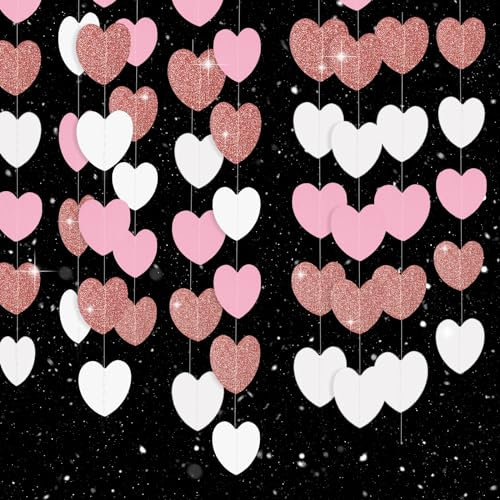 G2PLUS Rose Gold Pink Glitter Heart Garland, 16m Reflective Hearts Hanging Garlands, Paper Heart Garland Hanging Streamer for Anniversary, Wedding, Birthday Party, Baby Shower