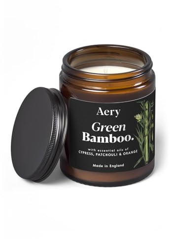 Aery Botanical Green Bamboo Glass Jar Soy Wax Candle - Cypress, Patchouli & Orange with 100% Plant Based Wax & 30 Hour Burn Time, AE0238