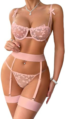 Satohom Mujer Sexy Conjunto de Lencería 4 Piezas Sujetador de Media Copa con Aros Bordado y Tanga con Liguero Malla Transparente Picardias Talla Grande Tirantes Ajustables Ropa Interior S-XL