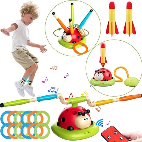 3 In 1 Musical Jumping Toy Kit, Ring Toss Game, Kids Rocket Launcher, Kids Garden Sport Games with Remote Control, Toddler Fun Ladybug Toys Outdoor Indoor Party Games, Gift for Girls Boys 3 4 5 6 7 8