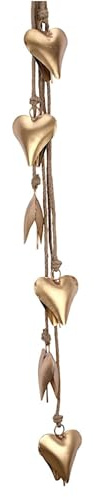 Vivanta Metal Heart Wall Hanging Decor - 45in Gold Heart Wind Chime, 6 Heart-Shaped Bell Garland on Jute Rope, Farmhouse Boho Rustic, Valentine for Couples, Christmas Porch Decor