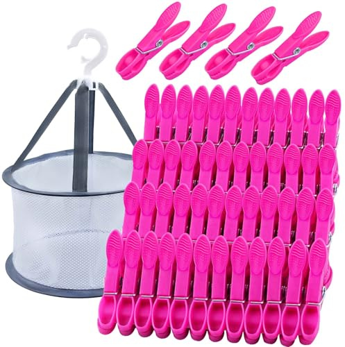 KEYBOO Lot de 48 pinces à linge roses avec panier, sacs à pinces à linge multicolores coupe-vent en plastique sans empreinte pour cordes à linge et vêtements, chaussettes