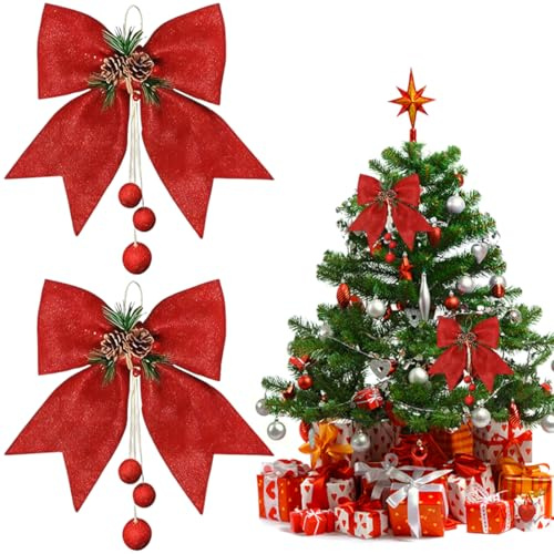 Große Weihnachtsbaumschleife 2er Pack - Rote Schleifen Weihnachten, Red Glitzer Pailletten-Schleife,Schwalbenschwanz Bowknot, Weihnachtsschleifen Groß mit Glitzer für Baumspitze & Türkranz,25 x 30 cm