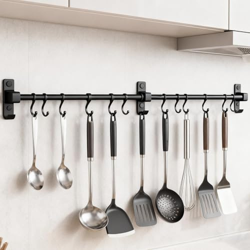 ATTEEFI Stange für Küchenutensilien 80 cm, Aluminium Hakenleiste Küche mit 12 Beweglichen Haken, Küchenleiste Schwarz, Stange mit Haken für Küche, Bad und Flur