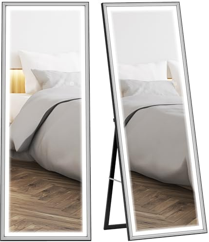 HOMCOM Espejo de Pie Cuerpo Entero con Luces, 165x60 cm, Espejo de Cuerpo Entero, 3 Temperaturas de Color, Brillo Ajustable, Independiente, Apoyado y de Pared, para Dormitorio, Salón, Blanco y Negro