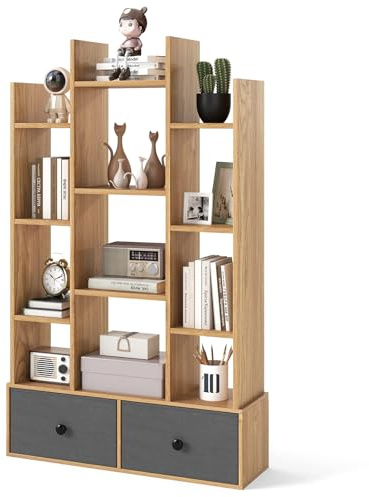 COSTWAY Tree Bookshelf, 7/12-Tier Wooden Bookcase Storage Shelving Unit with Folding Drawer, Freestanding Magazine Book Display Rack for Home Office Living Room (Natural with 2 Drawers, 12-Tier)