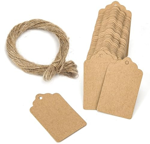 WUFKOP Set di 150 Bigliettini Regalo in Cartoncino Kraft Bianco con 30m di Spago, Etichette Vuote con Rinforzo a Foro per Feste, Matrimoni, Compleanni e Negozio