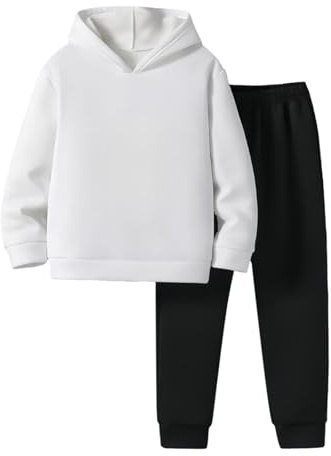 TYUSGH Set completo da tuta per ragazzi con cappuccio e pantaloni della tuta foderati in pile, 2 pezzi, abbigliamento sportivo da jogging per bambini 5-14 anni, bianco, 13-14 Years