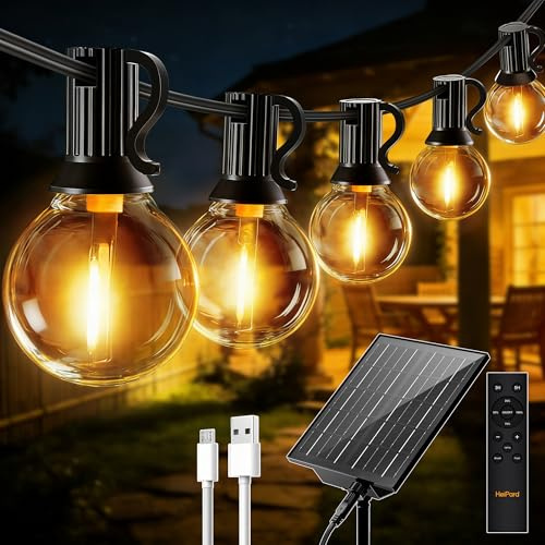 HeiPard Cadena de luces LED solar para exteriores de 20M con 35+2 bombillas G40 ajustable, función de temporizador y memoria, 3 modos, IP45 resistente al agua, luces cálidas con control remoto, para