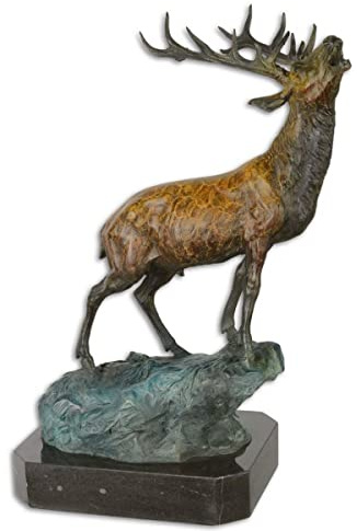lyxig bronsfigur rådjur på sten brons/blå/svart 26,3 x 18,3 x H. 37,8 cm - Bronsskulptur med marmorbas