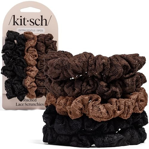 Kitsch Ruched Lace Scrunchies For Women - Black, Chocolate & Mocha, 5pc Set | No Crease, Gentle Hold, Frizz-Free Hair Ties – Soft Ruched Lace Hair Accessories for All Hair Types