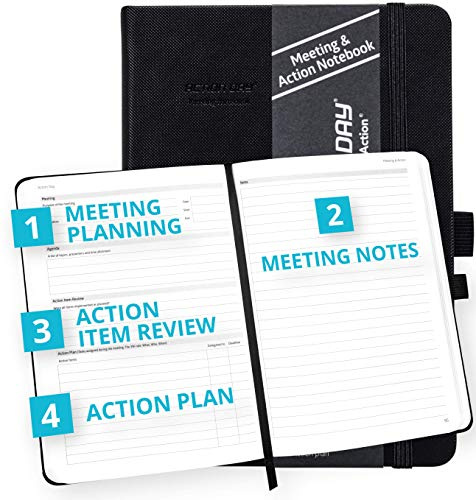 Action Day Meeting Notebook - Designed to Make Meetings More Effective -Meeting Planning, Action Items, Meeting Notes - Perfect for Office & School, Pocket, (7x9, Black)