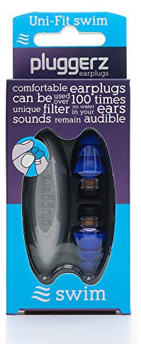 PLUGGERZ SWIMMING EARPLUGS – Waterproof Filter Helps Keep Ear Canal Dry - Hypoallergenic Silicone - Comfortable For Swimming - Over 100 Uses - Storage Box Included